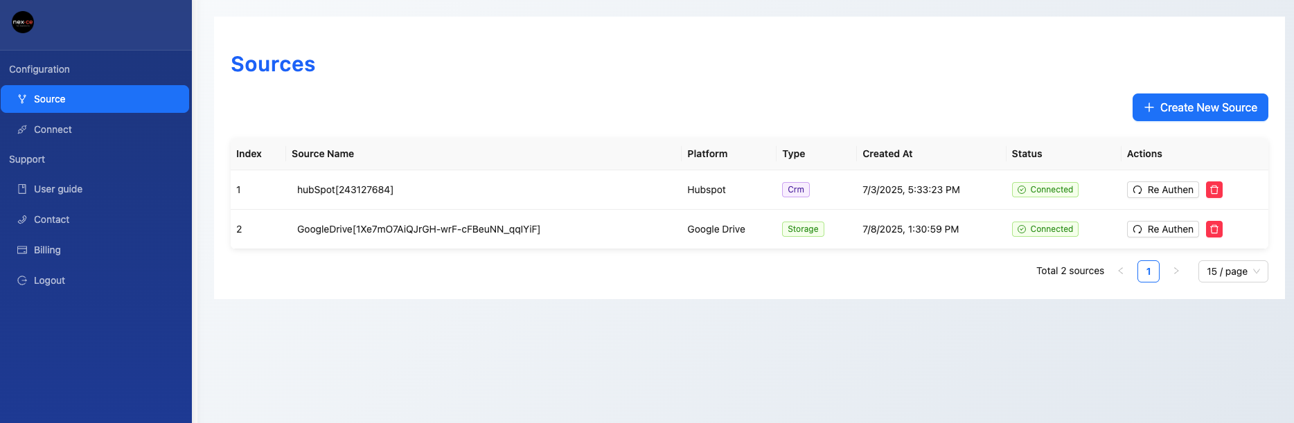 Nexce.io Source Management Interface