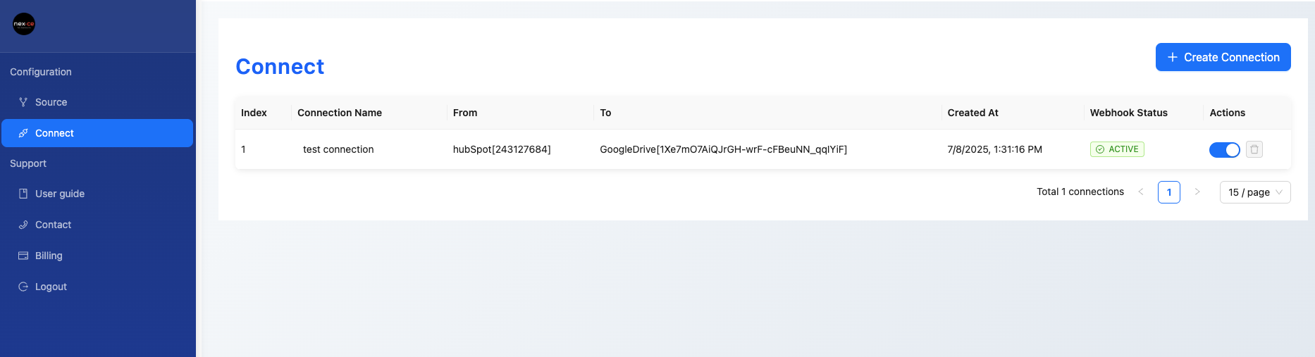 Nexce.io Connection Management Interface